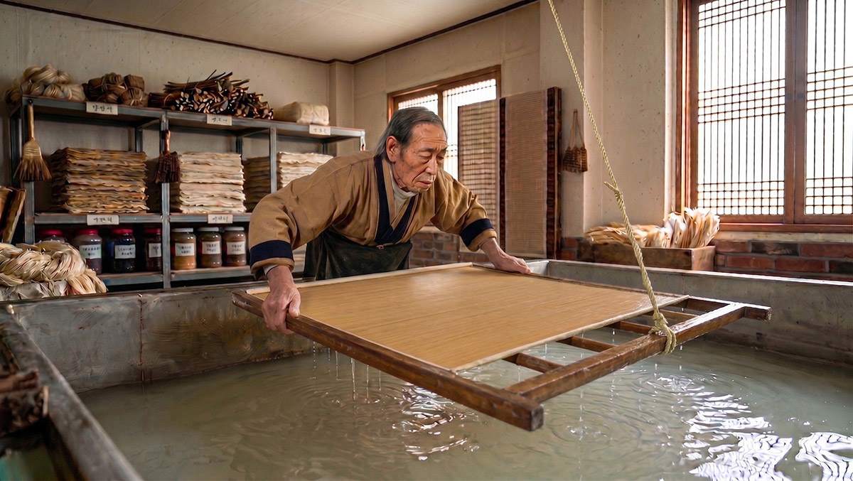 Korean National Intangible Cultural Heritage Master artisan forming Hanji paper